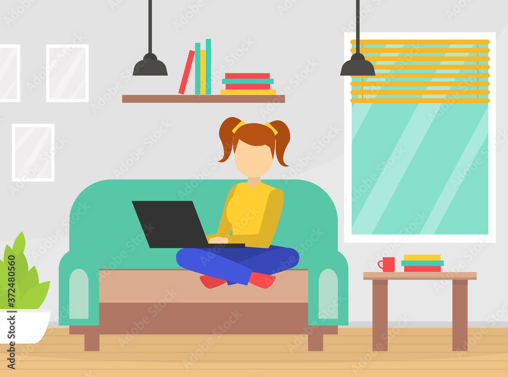 Sticker Teenage Girl Sitting on Sofa Using Laptop Computer, Gadget Addiction Concept Cartoon Vector Illustration