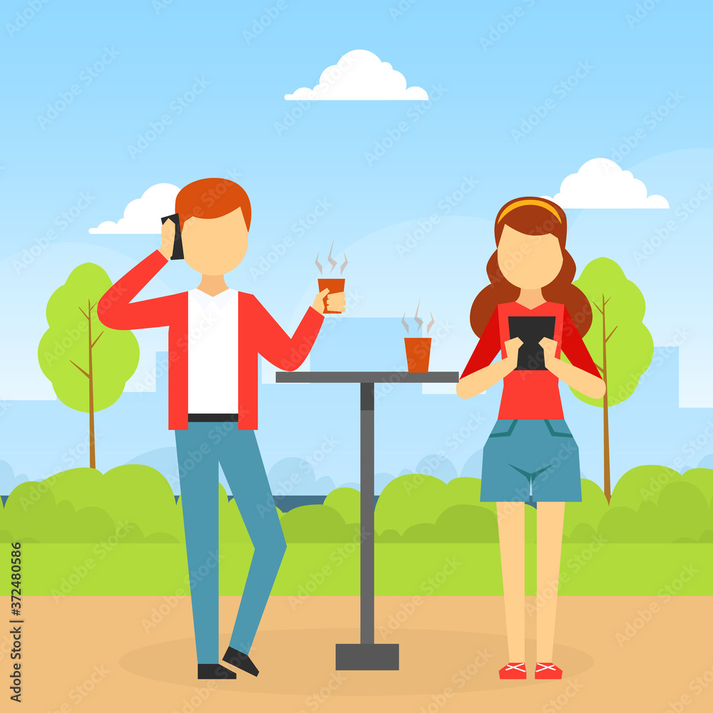 Poster young man and woman using smartphones while standing at table in cafe outdoors, gadget addiction con