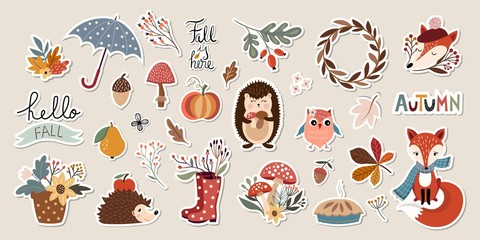 Autumn stickers collection with cute seasonal elements
