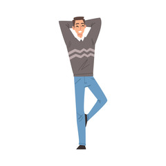 Cheerful Smiling Young Man Standing Throwing Hands Over Head, Happy Person Character in Casual Clothes Cartoon Style Vector Illustration
