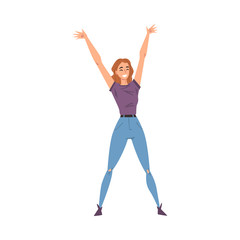 Cheerful Smiling Woman Standing with Raising Hands, Happy Person Character in Casual Clothes Cartoon Style Vector Illustration