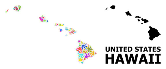 Vector Mosaic Map of Hawaii State of Psychedelic Hemp Leaves and Solid Map