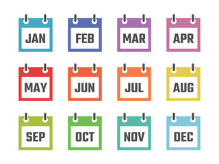 12 month calendar sign set vector illustration, color signs for all months of the year