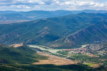 Beautiful view of the old town of Mtskheta from the Zedazeni mountain in Georgia