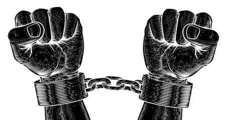 Hands in metal chain shackle handcuffs in a vintage woodcut revolution propaganda poster style.
