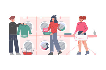 People Doing Laundry at Public Laundrette, Young Man and Women Washing, Drying and Ironing Clothes Flat Style Vector Illustration