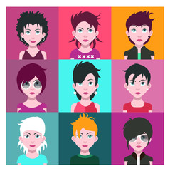 Set of people icons in flat style with faces. Vector women, men