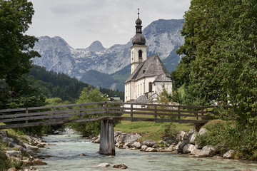 Picturesque mountain landscape and St. Sebastian church in Ramsau, Germany