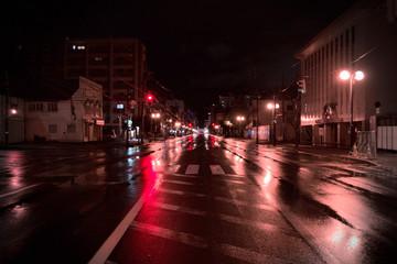 Fototapeta na wymiar 雨の夜道と橙色の街灯たち