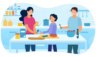Vector illustration of family cooking in kitchen. Mother, father and child cooking at home. Healthy eating concept