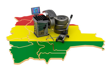 Tire Fitting and Auto Service in Bolivia concept. 3d rendering