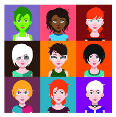 Set of people icons in flat style with faces. Vector women, men