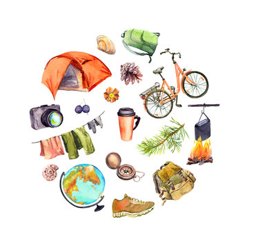 Tent, camp fire, photo camera, cup, choes, bicycle, backpack, pine branch, other touristic equipment. Watercolor round pattern for travel design, Tourist day