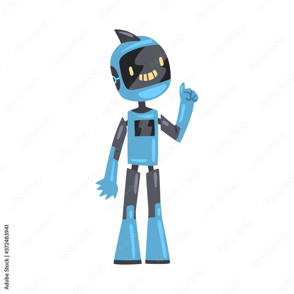 Sticker Friendly Robot Pointing with Forefinger, Cute Personal Robotic Assistant Character, Artificial Intelligence Concept Cartoon Style Vector Illustration