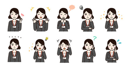 Woman business suit various emotion set