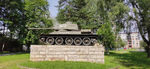 View of a military tank in a park in the town of Kezmarok in Slovakia