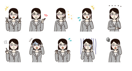 Woman business suit various emotion set