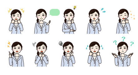 Woman business suit various emotion set