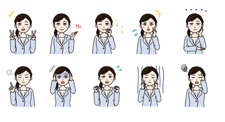 Woman business suit various emotion set