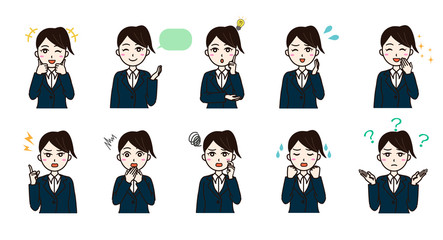 Woman business suit various emotion set