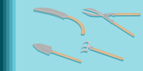 Gardening tools - pruner, knife, shovel - light background - vector. Banner horizontal