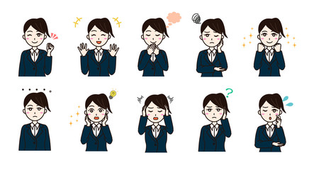 Woman business suit various emotion set