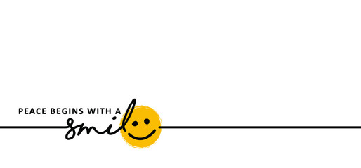 Slogan peace begins with a smile. Happy world smile day, smiling is loading. Big happiness. Funny vector best quotes. Relaxing and chill, happy motivation and inspiration message moment concept.