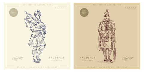 Fototapeta na wymiar Bagpiper with bagpipes vintage hand drawn illustration