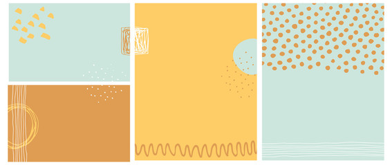 Simple Abstract Vector Backgrounds. Irregular Dots, Waves and Tiny Stripes on a Light Mint, Pale Orange and Warm Yellow Layouts. Hand Drawn Geometric Blanks. Creative Freehand Backdrops.