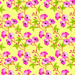 Seamless watercolor pattern of branches of apple, sakura with leaves and flowers.