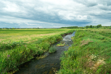 Fototapeta na wymiar The small river Uherka in eastern Poland flowing through meadows