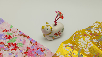 2021年正月　干支　牛と扇に和紙