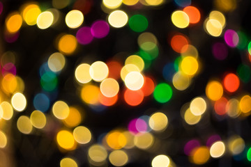 Defocused multicolored christmas lights background, bokeh. New year, holidays.