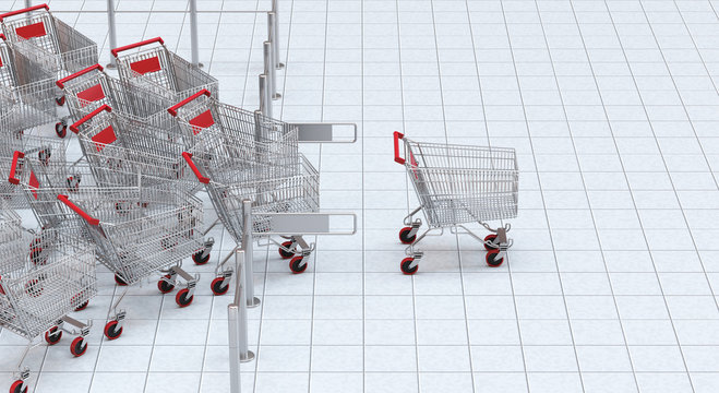 embouteillage de caddie pour illustrer les soldes, une ru&eacute;e, la surconsommation etc...