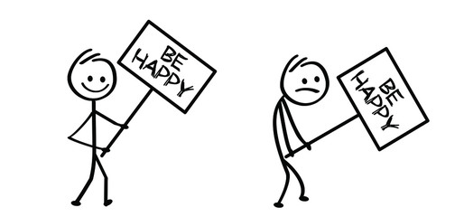 Slogan be happy. Kids playing running, jumping Happy smile stickman emoji icons Funny comic walk stick figures man, woman Vector emotions sign drawing Talking cartoon person Jump, walking and play