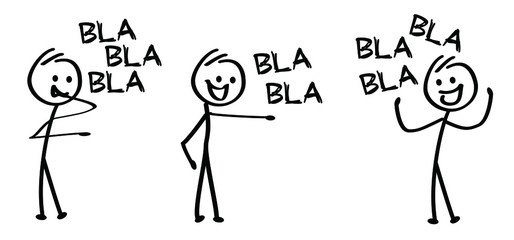 Say bla bla. Kids playing running, jumping Happy smile stickman emoji icons Funny comic walk stick figures man, woman Vector emotions sign drawing Talking cartoon person Jump, run, walking and play