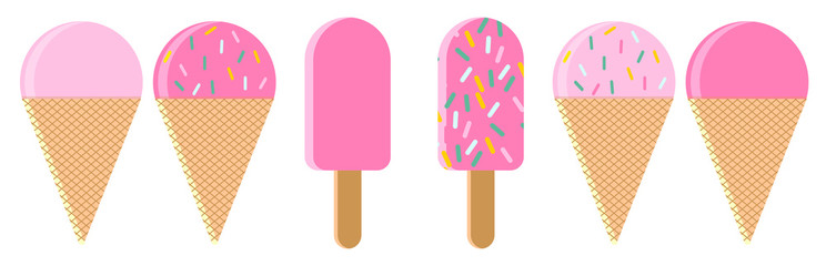 Ice cream waffel and popsicle set of vector hand drawn flat elements