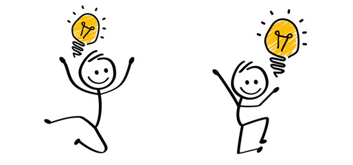 Think big, idea or ideas. Kids playing running, jumping Happy smile stickman emoji icons Comic walk stick figures man, woman Vector emotions sign drawing Talking cartoon person jump, walking and play