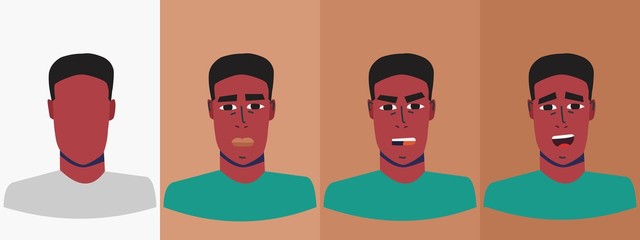 Young African man emotions. Idle, angry, surprised face. Avatar. Vector Flat Illustration. Cartoon.