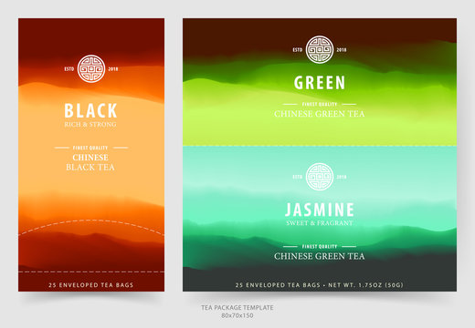 Tea package design template with natural landscape and chinese style logo