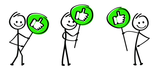 Humbs up, thumbs down, do, don't, like, dislike, unlike. Happy stickman emoji icons Funny comic walk stick figures man, woman Vector emotions sign drawing Talking cartoon person, world compliment day.