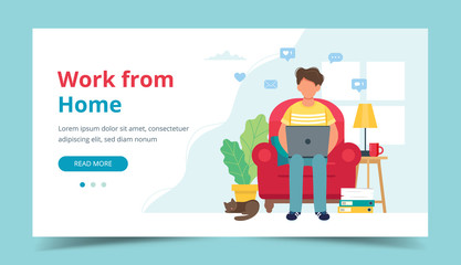 Home office concept, man working from home sitting on a chair, student or freelancer. Landing page template. Cute illustration in flat style