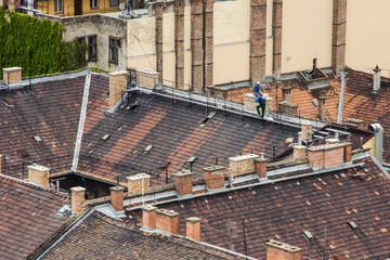 The roof of an old house in the historic center of Budapest. Hungary