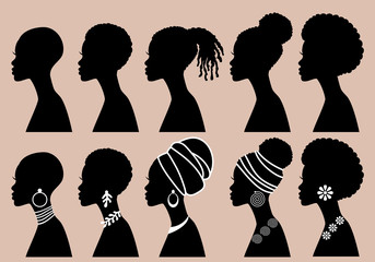 African Women, black girls, profile silhouettes, vector set