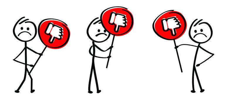 Humbs up, thumbs down, do, don't, like, dislike, unlike. Happy stickman emoji icons Funny comic walk stick figures man, woman Vector emotions sign drawing Talking cartoon person jump, walking.