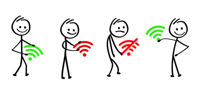 No wifi, Internet signal, Wireless Kids playing running, jumping Happy tickman emoji icons Comic walk stick figures man, woman Vector emotion sign drawing Talking cartoon person jump, walking and play