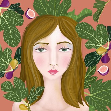 illustration with a girl in a fig tree pink background.