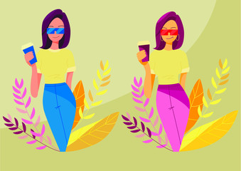 Young girl drinking a cup of coffee, tea. Stylish vector flat illustration. Hand-drawn, logo, icon, poster, banner. Slim woman in glasses. For design , print and textile