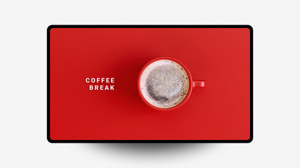 banner on a computer screen, red cup of coffee on a red background with text, web banner or template, 3d rendering