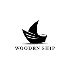 Traditional Wooden Ship Logo Design Featuring Sailboat Silhouette in Black and White Minimalist Style for Nautical Branding